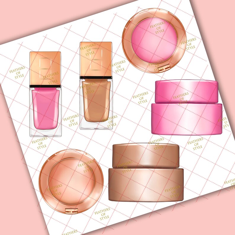 May include: A set of six makeup products in pink and gold packaging. The products include a blush, two lipsticks, a nail polish, and two foundation jars. The packaging features the text "Feathers of Style".