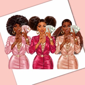 May include: Three illustrations of women with afro hairstyles wearing pink, red and peach suits, holding money and placing a finger to their lips. The text "Feathers of Style" is repeated throughout the image.