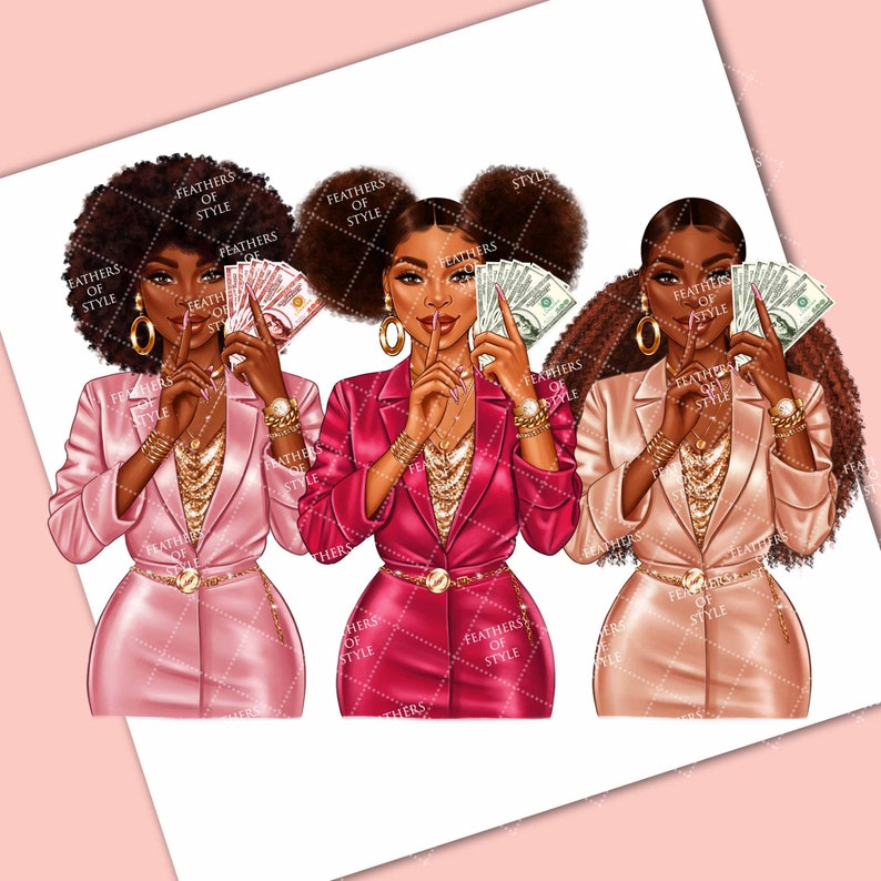 May include: Three illustrations of women with afro hairstyles wearing pink, red and peach suits, holding money and placing a finger to their lips. The text "Feathers of Style" is repeated throughout the image.