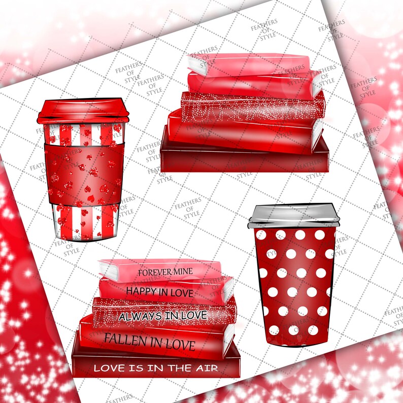 May include: Two red and white coffee cups with a heart pattern and a stack of five red books with glitter and the words "Forever Mine", "Happy in Love", "Always in Love", "Fallen in Love", and "Love is in the Air" on the covers.