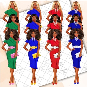 May include: Eight digital illustrations of women with different hairstyles wearing one-shoulder dresses in green, blue, and red. Each woman is holding a clutch purse and wearing a belt and jewelry.