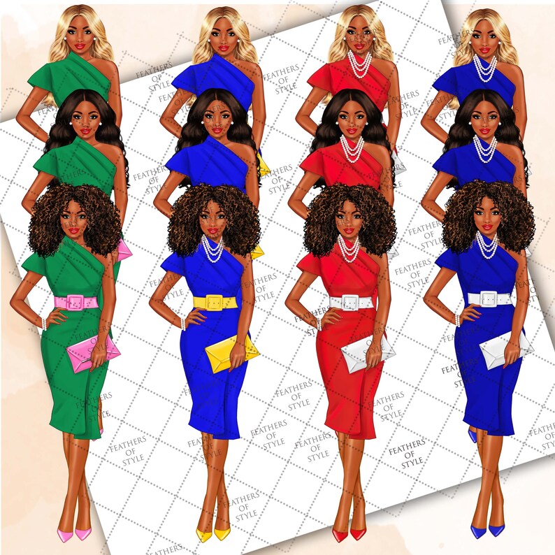 May include: Eight digital illustrations of women with different hairstyles wearing one-shoulder dresses in green, blue, and red. Each woman is holding a clutch purse and wearing a belt and jewelry.