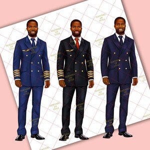 May include: Three illustrations of a man wearing a pilot's uniform. The man on the left is wearing a blue uniform, the man in the middle is wearing a black uniform, and the man on the right is wearing a blue uniform. All three men are wearing a gold pilot's badge on their left chest.