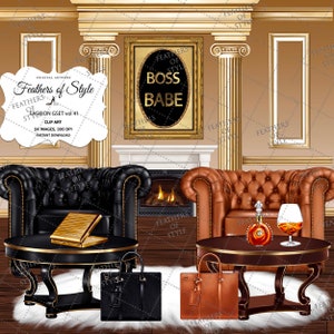 May include: A digital illustration of a living room interior with two leather armchairs, a fireplace, and two coffee tables. The room is decorated with gold accents and a framed print that reads "Boss Babe".