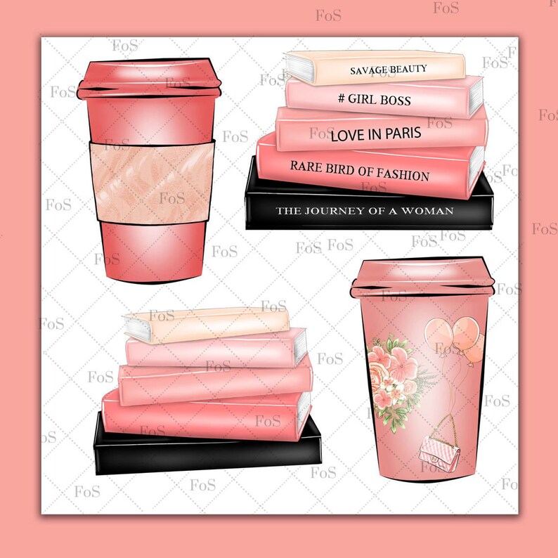 May include: A digital illustration of a pink coffee cup, a stack of pink books with titles like "Savage Beauty", "#Girl Boss", "Love in Paris", "Rare Bird of Fashion", and "The Journey of a Woman", and a pink coffee cup with a floral design and a small purse.