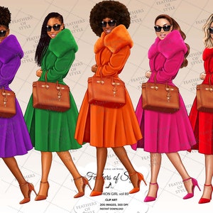 May include: Four women wearing colorful coats and carrying brown handbags. Each woman is wearing a different color coat: purple, green, orange, and red. They are all wearing black heels.