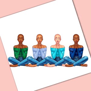 May include: Four women with bald heads are sitting in a row with their hands clasped in prayer. They are wearing blue jeans and off-the-shoulder tops in different colors: green, light blue, turquoise, and dark blue.
