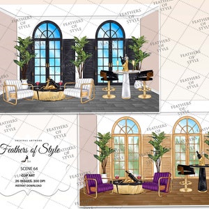 Peut inclure: Deux illustrations numériques de scènes de design d'intérieur. La première scène présente un salon avec des meubles noirs et dorés, une cheminée et une vue sur un jardin à travers de grandes fenêtres. La deuxième scène présente un salon avec des meubles violets et dorés, une cheminée et une vue sur un jardin à travers de grandes fenêtres. Les deux scènes présentent une table basse dorée et noire avec une bouteille de vin et des verres.