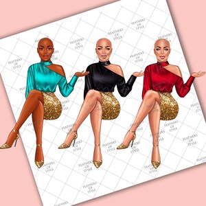 May include: Three digital illustrations of women wearing different colored tops and gold skirts. Each woman is sitting with her legs crossed and wearing gold high heels.