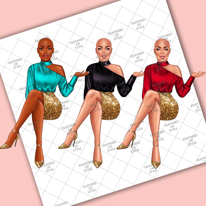 May include: Three digital illustrations of women wearing different colored tops and gold skirts. Each woman is sitting with her legs crossed and wearing gold high heels.