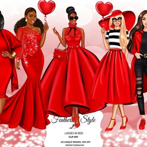 Clipart mode filles, la dame en rouge, clipart femmes en rouge, robe rouge clipart, clipart afro-américain, clipart filles Afro