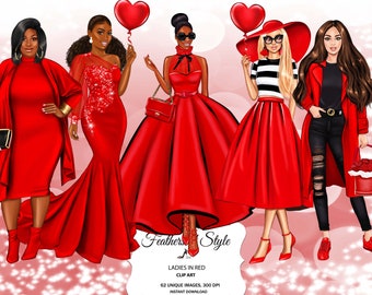 Fashion girls clipart, The lady in red clipart, Women in red clipart, Red dress clipart, African American clipart, Afro girls clipart
