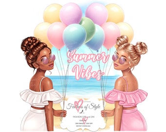 Clipart de garota de verão, clipart de garota de férias, clipart de garota de praia, clipart de garota de festa, ilustração de moda, clipart de garotas afro