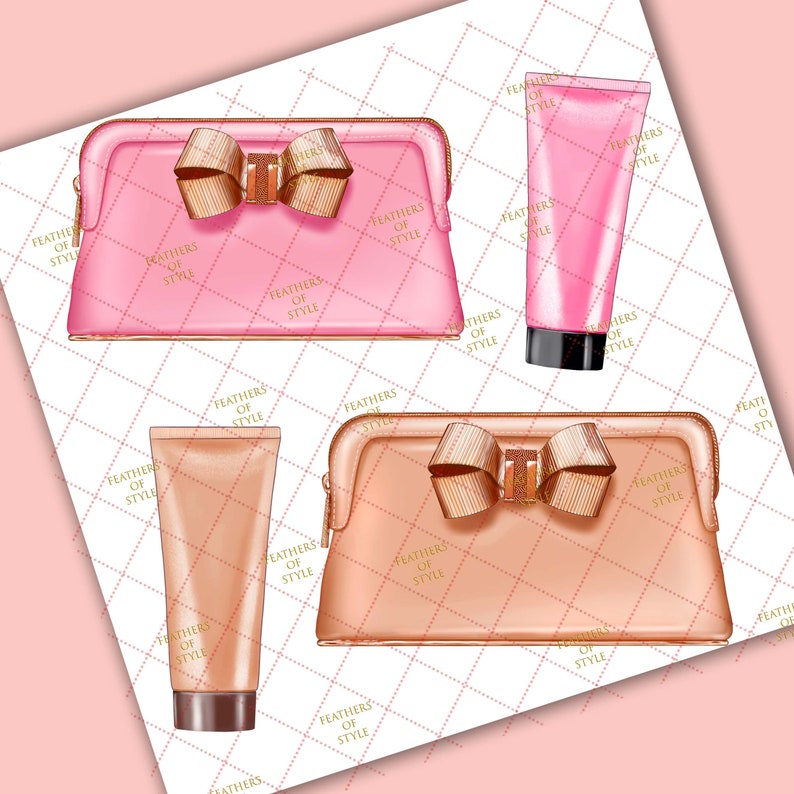 May include: Two cosmetic bags with gold bows and matching tubes of lotion. The bags are pink and peach with a satin finish. The lotion tubes are pink and peach with a gold cap.