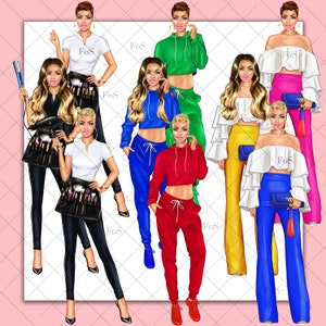 May include: Illustration of eight women wearing different outfits. The women are wearing a variety of colors, including green, blue, red, yellow, and pink. The women are all wearing different hairstyles and accessories. The illustration is set against a pink and white checkered background.