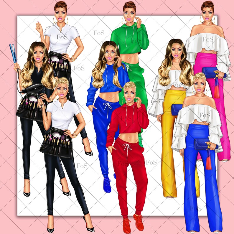May include: Illustration of eight women wearing different outfits. The women are wearing a variety of colors, including green, blue, red, yellow, and pink. The women are all wearing different hairstyles and accessories. The illustration is set against a pink and white checkered background.