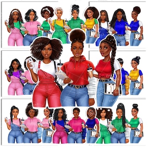 May include: Digital illustrations of diverse women in various outfits, including overalls, hoodies, and tops. Each figure holds a phone and a beverage, with some carrying notebooks. The overall theme is fashion and lifestyle.