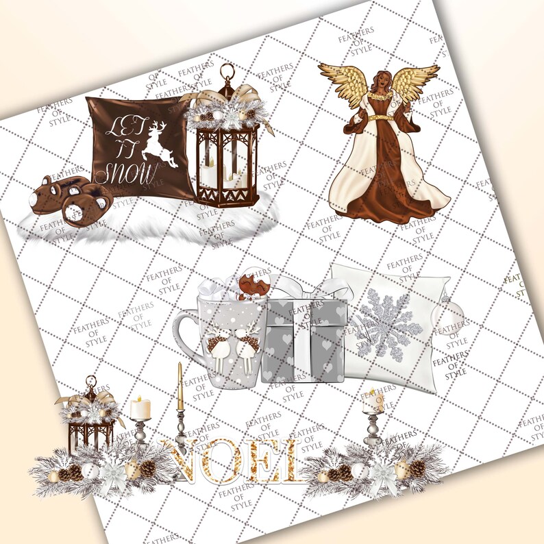 Pu&ograve; includere: Un'illustrazione digitale di una scena natalizia invernale su sfondo bianco. L'illustrazione presenta un angelo marrone e bianco, una lanterna marrone con candele bianche, un cuscino marrone con il testo "Let it snow", una tazza bianca con un design di renna marrone, una scatola regalo bianca e grigia, un cuscino bianco con un design di fiocco di neve e un cartello dorato con il testo "Noel".