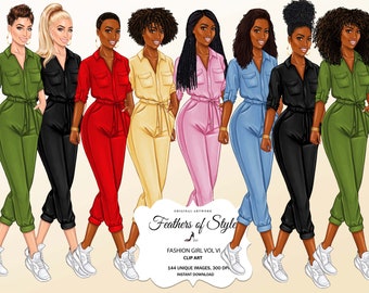 Fashion girl clipart, Fashion illustration, Casual girl clipart, Fashionable women clipart, African American clipart, Afro girls clipart