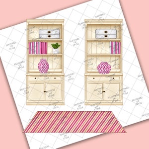 May include: Two white wooden bookcases with glass doors and shelves. Each bookcase has a drawer below the shelves and two doors at the bottom. The shelves are decorated with books, a vase with pink flowers, and a small plant. A pink and white striped rug is in front of the bookcases.