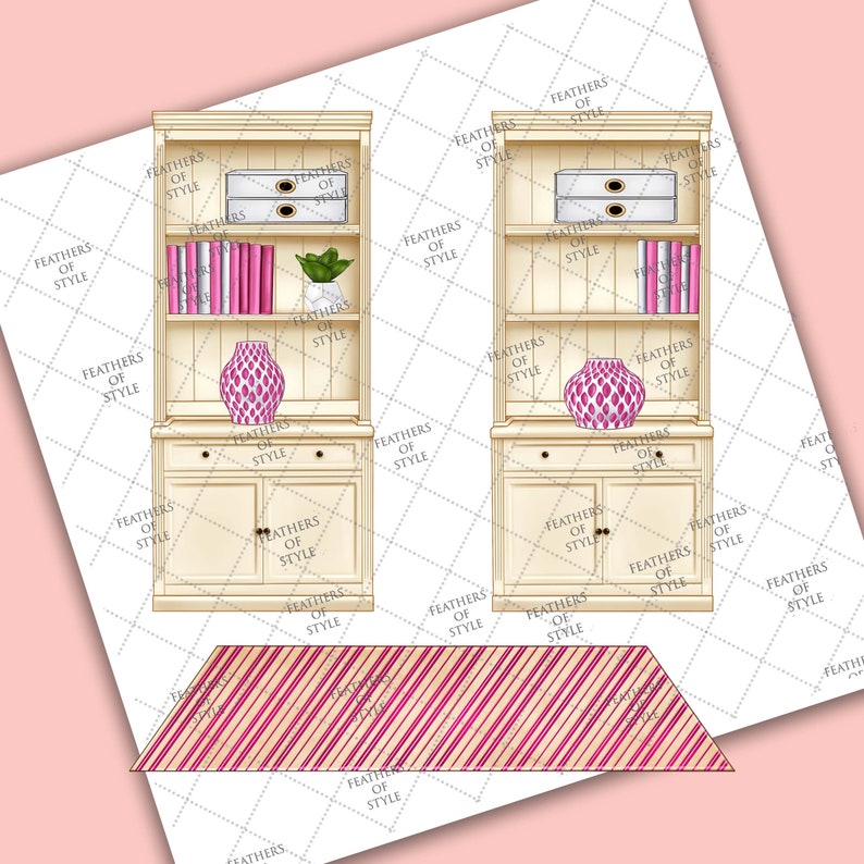 May include: Two white wooden bookcases with glass doors and shelves. Each bookcase has a drawer below the shelves and two doors at the bottom. The shelves are decorated with books, a vase with pink flowers, and a small plant. A pink and white striped rug is in front of the bookcases.