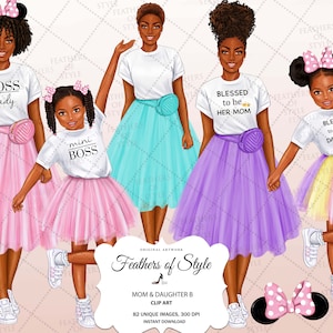 Clipart per la festa della mamma, clipart per ragazza, clipart per figlia madre, clipart per ragazza di moda, figlia madre afroamericana