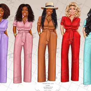 May include: Five digital illustrations of women wearing different colored jumpsuits. The women have different hairstyles and accessories. The background is a white and gray pattern.