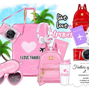 Clipart de viaje, Ilustración de viaje, Imágenes prediseñadas de equipaje Imágenes prediseñadas de accesorios de moda, Imágenes prediseñadas de moda, Ilustración de moda, Imágenes prediseñadas de conjunto de moda