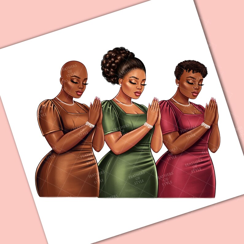 May include: Three women in different colored dresses are standing with their hands clasped in prayer. The woman on the left is wearing a brown dress, the woman in the middle is wearing a green dress, and the woman on the right is wearing a burgundy dress. All three women have dark skin and are wearing pearl necklaces.