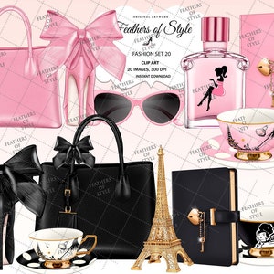 Mode accessoires clipart, Parijs Clipart, Mode clipart, Mode Illustratie, Fashion set clipart, Tas clipart, Roze planner clipart