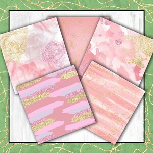 May include: Five digital paper designs featuring pink and gold glitter with abstract patterns. The designs include watercolor, brushstrokes, and lines.