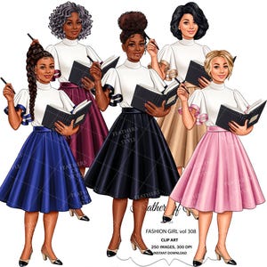 May include: Illustration of six women in various skin tones, each holding a book and pen. They wear white tops, flared skirts in blue, black, pink, and tan, and heels. The image includes the text "FASHION GIRL vol 308" and "CLIP ART".