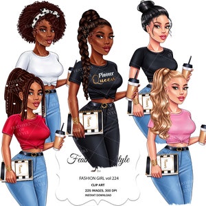 May include: Digital clip art featuring six stylish women in various outfits, each holding a coffee cup and a planner. The image includes text that reads "Fashion Girl vol 224" and "Clip Art".