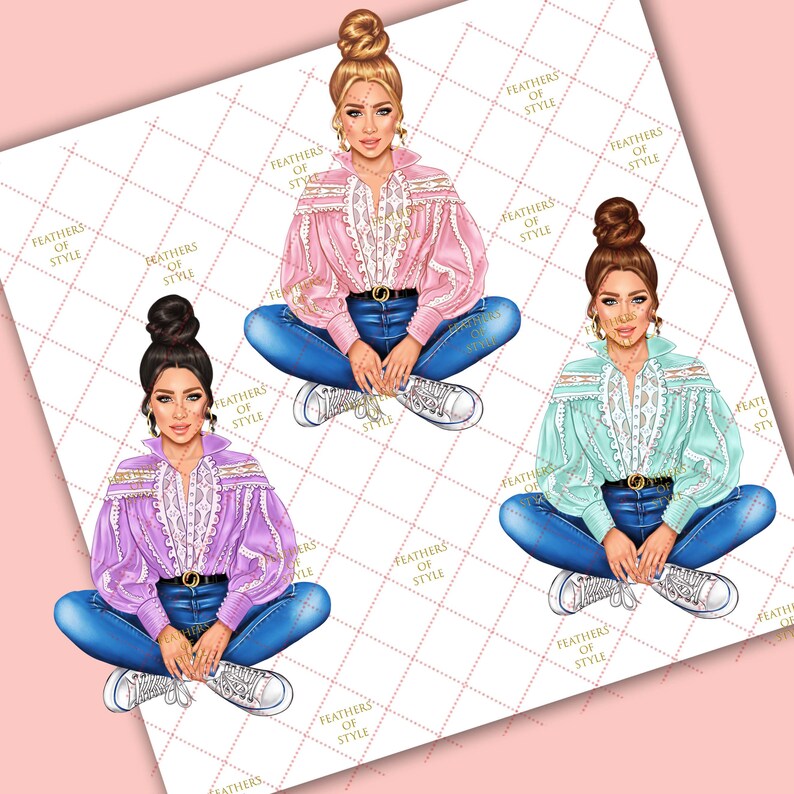 May include: Three illustrations of women wearing different colored blouses with lace detailing. Each woman is sitting cross-legged with her legs crossed and wearing blue jeans and white sneakers.