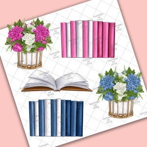 May include: Two sets of books, one pink and one blue, with a floral arrangement in a gold vase on each side. The books have the text "Feathers of Style" on the spines. The floral arrangements are in gold vases with a white background.