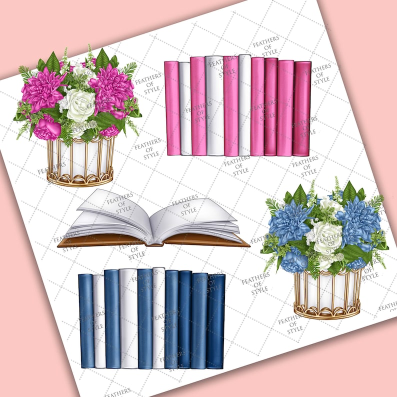 May include: Two sets of books, one pink and one blue, with a floral arrangement in a gold vase on each side. The books have the text "Feathers of Style" on the spines. The floral arrangements are in gold vases with a white background.