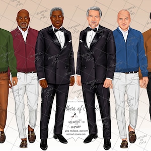 May include: Five men wearing different outfits, including a black tuxedo, a red jacket, a green jacket, a blue jacket, and a brown jacket. All men are wearing loafers. The image is labeled "Feathers of Style Men Vol 10 Clipart 221 Images, 300 DPI Instant Download."