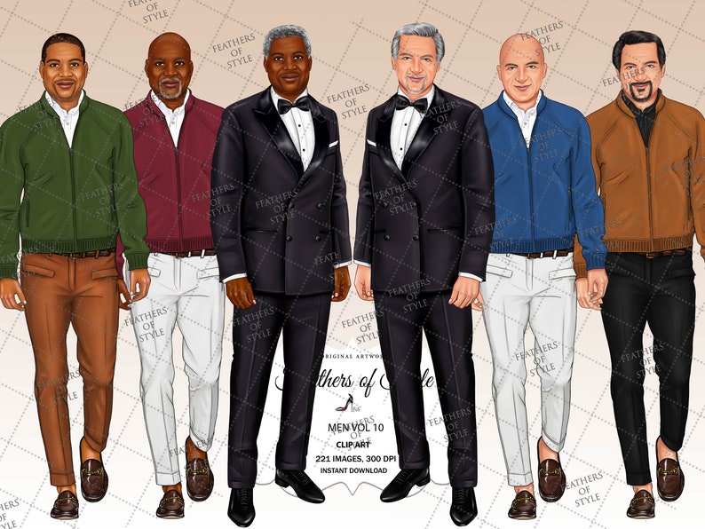 May include: Five men wearing different outfits, including a black tuxedo, a red jacket, a green jacket, a blue jacket, and a brown jacket. All men are wearing loafers. The image is labeled "Feathers of Style Men Vol 10 Clipart 221 Images, 300 DPI Instant Download."