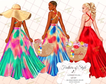 Summer clipart, Beach clipart, Summer girl clipart, Summer Illustration, Beach going clipart, Afro girl clipart,