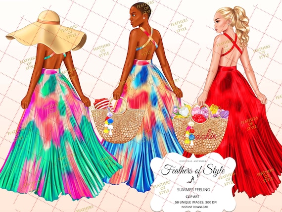 Summer clipart, Beach clipart, Summer girl clipart, Summer Illustration, Beach going clipart, Afro girl clipart,