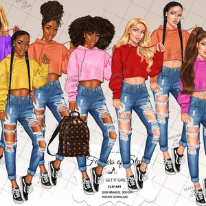 Denim girl clipart, Fashion girl clipart, Hoodie girl clipart, African American clipart, Afro girls clipart