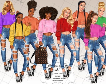 Denim girl clipart, Fashion girl clipart, Hoodie girl clipart, African American clipart, Afro girls clipart