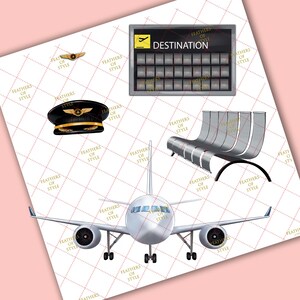 May include: A white aeroplane with a black cockpit and black engines. The aeroplane is on a white background with a grid pattern. The image also includes a black and gold pilot's hat, a gold aeroplane wing logo, a silver airport bench, and a silver airport departure board with the word "DESTINATION" on it.