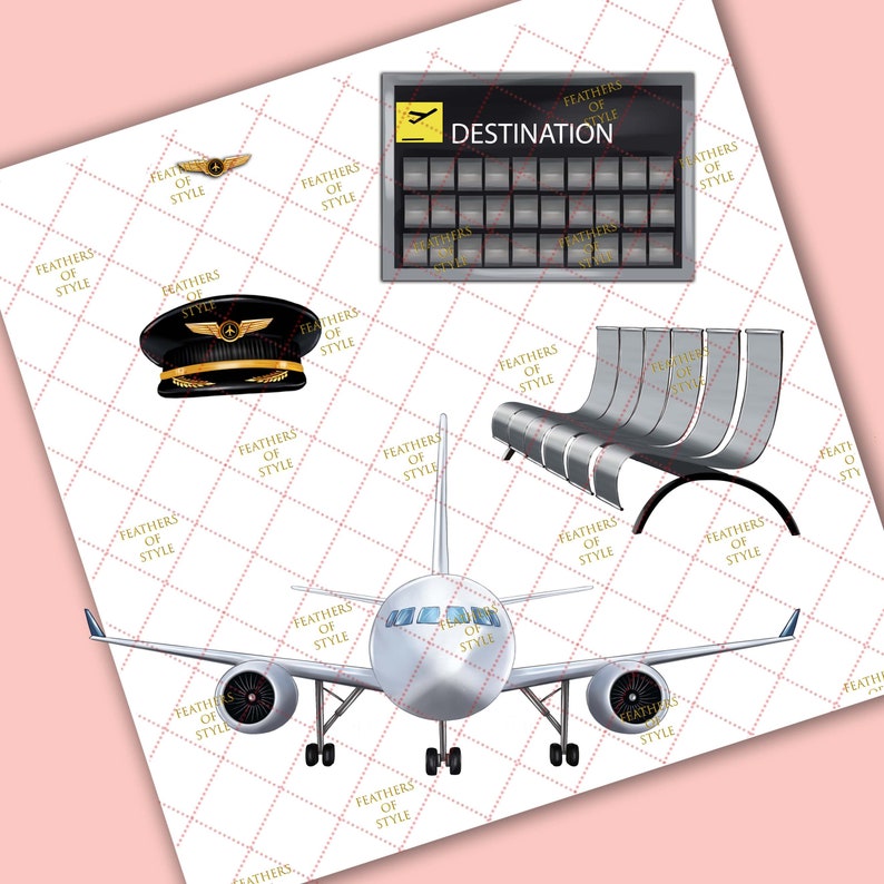 May include: A white aeroplane with a black cockpit and black engines. The aeroplane is on a white background with a grid pattern. The image also includes a black and gold pilot's hat, a gold aeroplane wing logo, a silver airport bench, and a silver airport departure board with the word "DESTINATION" on it.