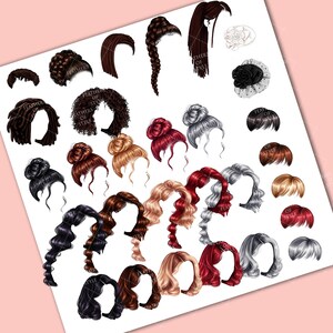 May include: A set of 25 digital hair clip art images featuring various hairstyles, including braids, buns, and wavy styles. The images are in a variety of colors, including black, brown, blonde, red, and gray.
