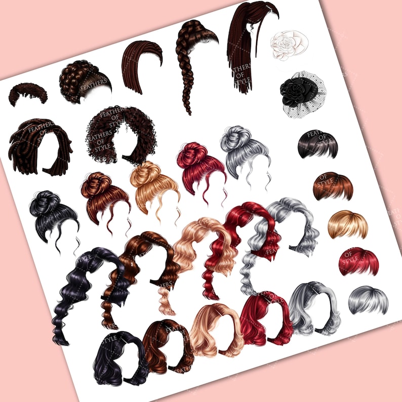 May include: A set of 25 digital hair clip art images featuring various hairstyles, including braids, buns, and wavy styles. The images are in a variety of colors, including black, brown, blonde, red, and gray.