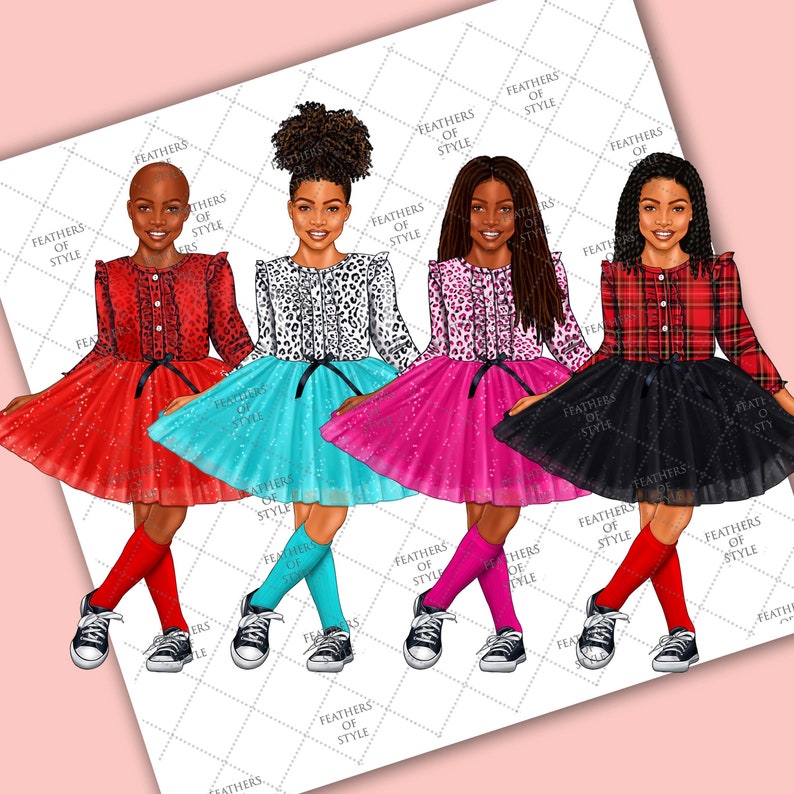 May include: Four girls wearing different outfits with tulle skirts and sparkly details. Each girl is wearing a different colored shirt and skirt, including red, blue, pink, and black. They are all wearing black sneakers and white socks.