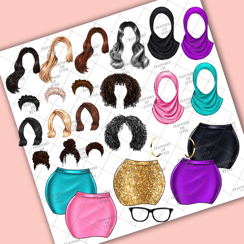 May include: Digital illustrations of various hairstyles, hijabs, skirts, and accessories. The image includes a variety of hair colors and styles, along with skirts in gold glitter, teal, and pink. The text "FEATHERS OF STYLE" is visible on the image.
