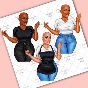 May include: Three digital illustrations of women with shaved heads wearing different outfits. The first woman is wearing a black t-shirt, black jeans, and a gold necklace. The second woman is wearing a white t-shirt, a black apron, and blue jeans. The third woman is wearing a white t-shirt, blue jeans, and a gold necklace.