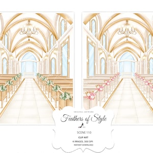 May include: A digital illustration of a white church aisle with gold accents and white flowers on the pews. The aisle is lined with white flowers and the pews are decorated with gold accents. The church has a high vaulted ceiling and large windows. The image is perfect for wedding invitations, save the dates, and other wedding stationery.